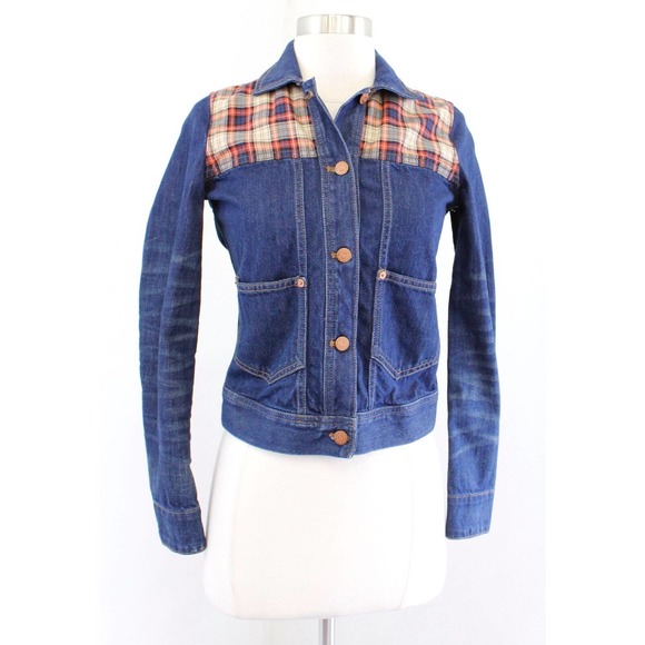 Madewell Denim Jean Plaid Insert Trucker Jacket Size XXS 2XS Cropped Fall - Picture 2 of 8